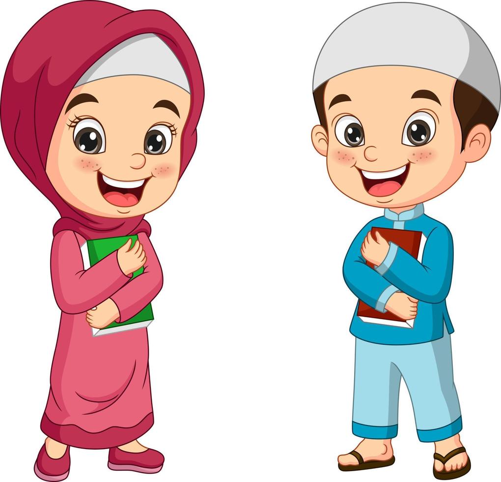 tecknade muslimska barn som håller Koranen bok vektor