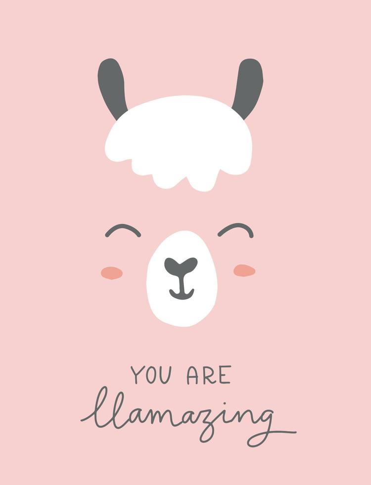 söt affisch för lamabarn. du är ett fantastiskt citat. alpaca motiverande och inspirerande vektor barnrum affisch. enkel söt lamaansiktsteckning med bokstäver. du är fantastiskt citat med lama.