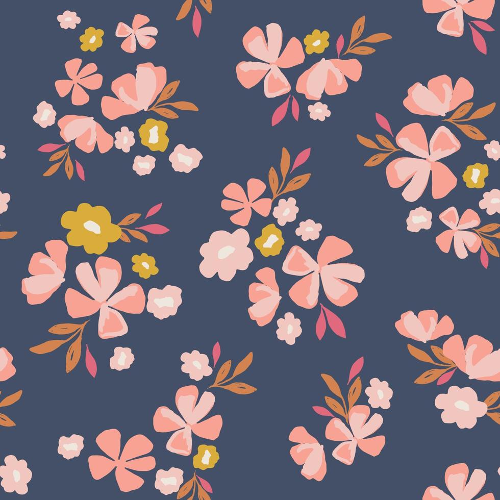 Blumenmuster in Navy, Pink und Gelb. Ditsy Blumenvektor nahtloser Hintergrund. femininer Blumendruck für Textilien, Mode, Wohnkultur, Tapeten, Geschenkverpackung. vektor