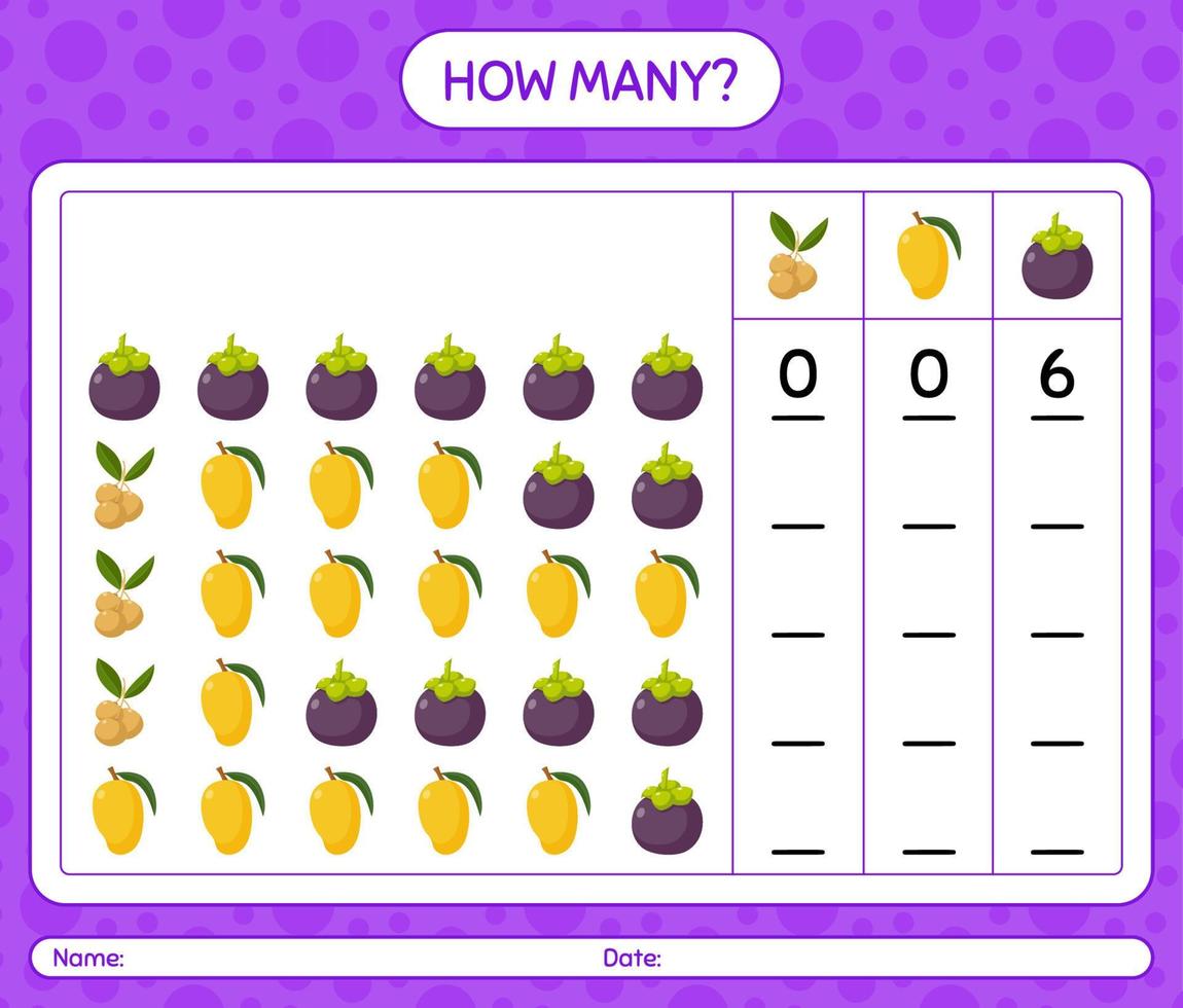 hur många räknar spel med frukt. kalkylblad för förskolebarn, aktivitetsblad för barn, utskrivbart kalkylblad vektor