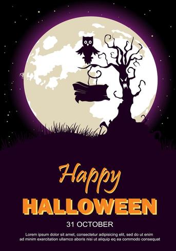 Halloween-Party-Plakat mit Baum, Eule und Mond vektor