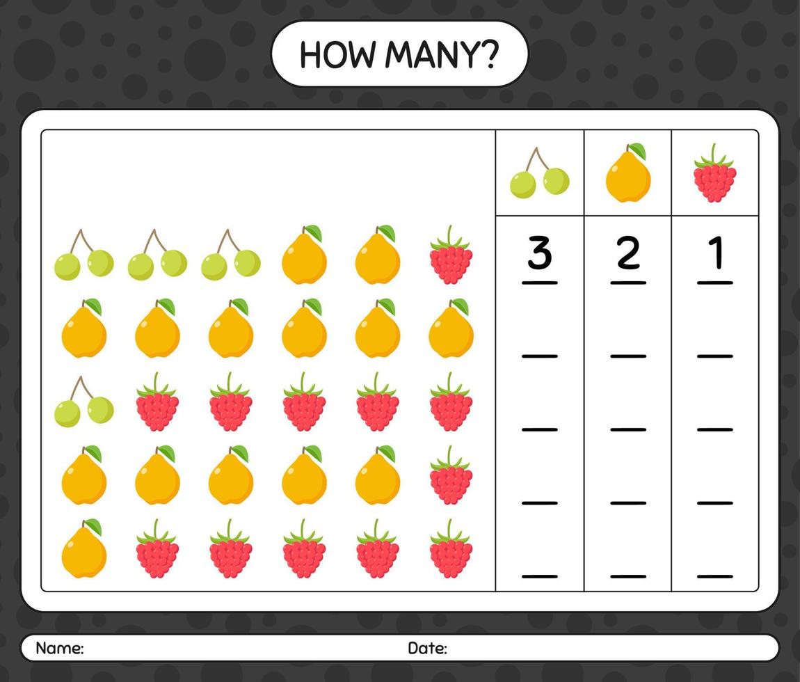 wie viele zählspiel mit obst. arbeitsblatt für vorschulkinder, kinderaktivitätsblatt, druckbares arbeitsblatt vektor