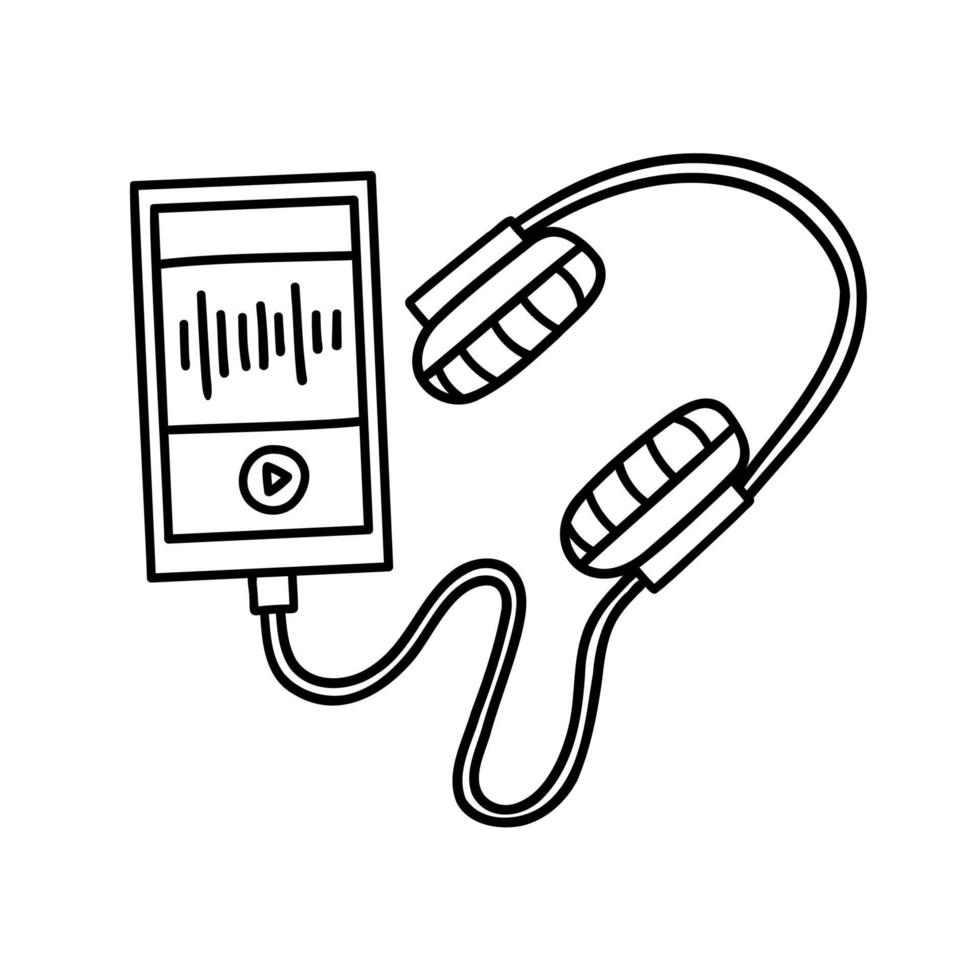 doodle telefon med hörlurar för att lyssna på en podcast. handritad vektorillustration. vektor