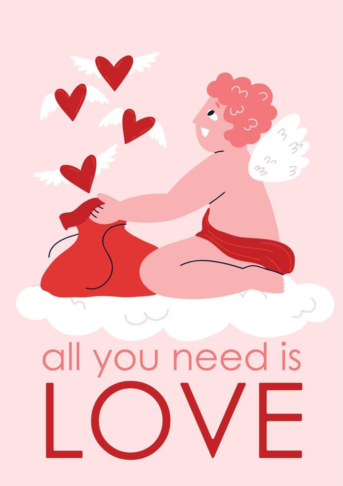 süße Karte mit Amor zum Valentinstag und der Aufschrift all you need is love. flache gezeichnete illustration des vektors hand. vektor