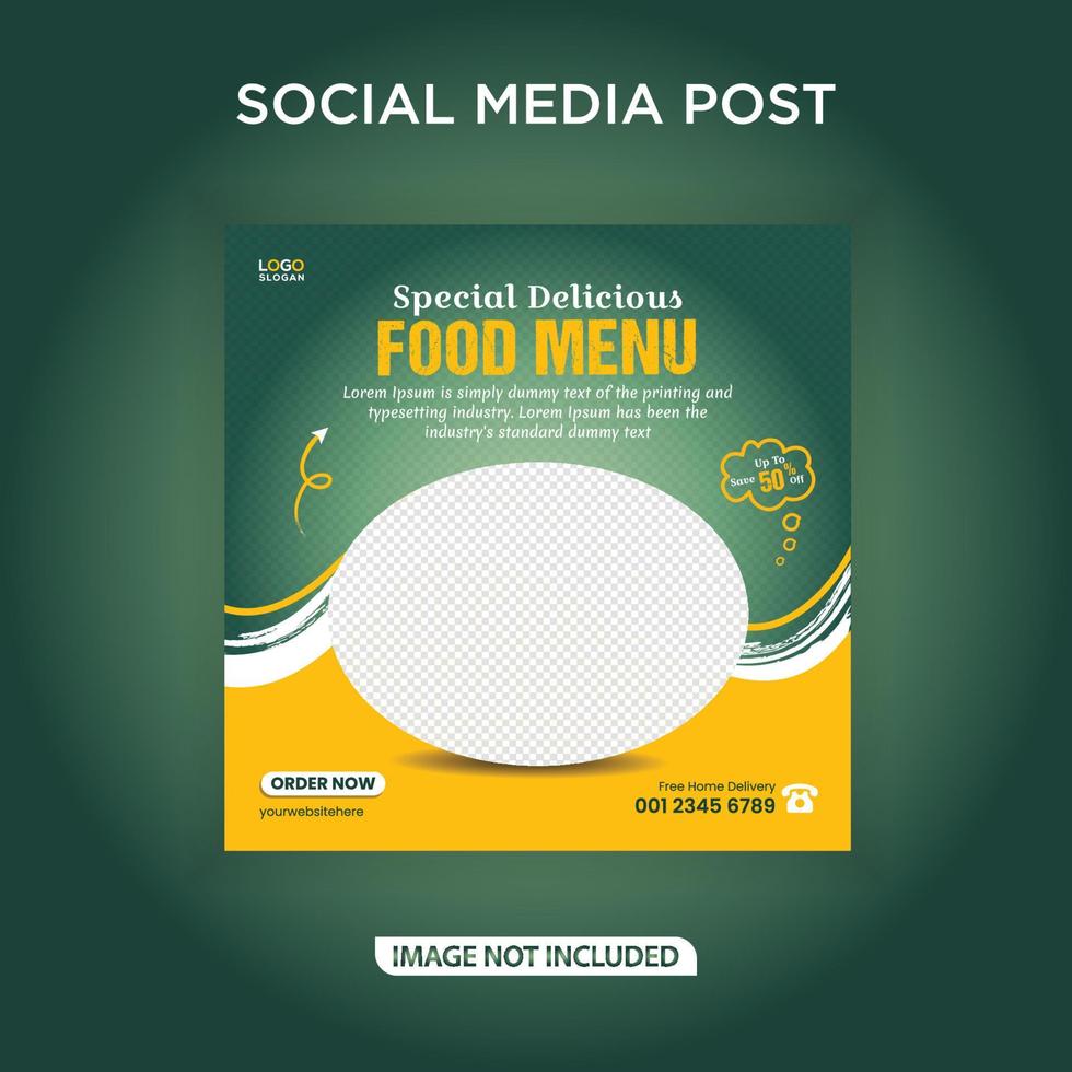 spezieller Social-Media-Post mit Menübanner für köstliche Speisen vektor
