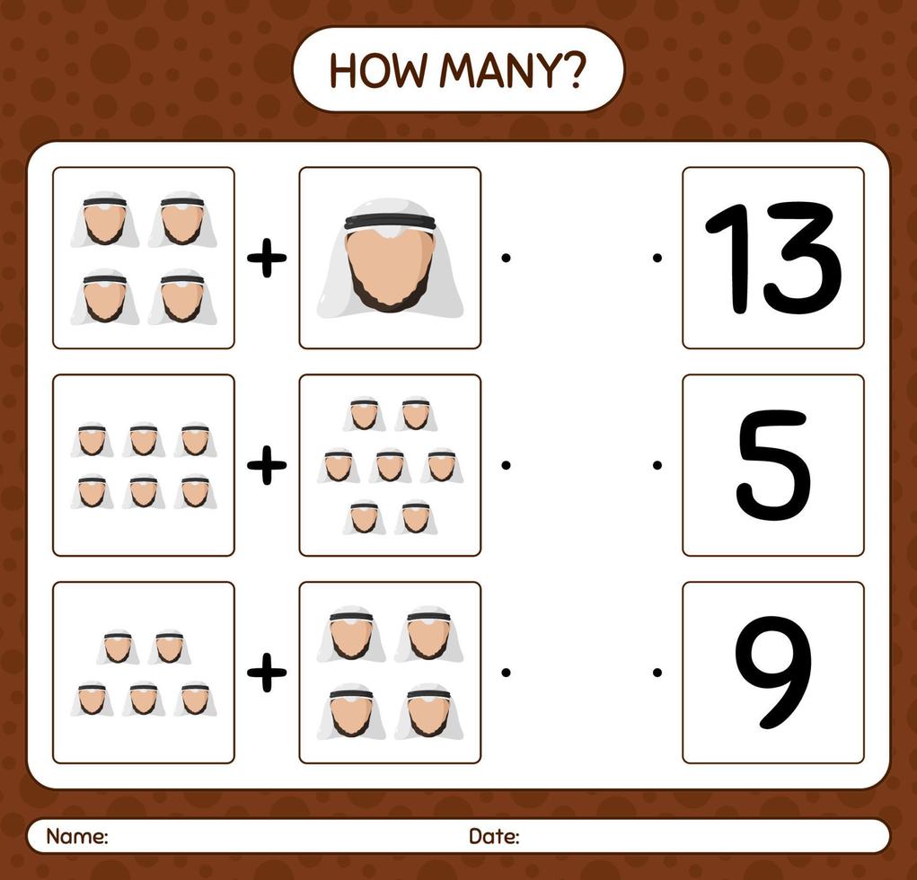 wie viele zählen spiel mit arabisch. arbeitsblatt für vorschulkinder, kinderaktivitätsblatt, druckbares arbeitsblatt vektor