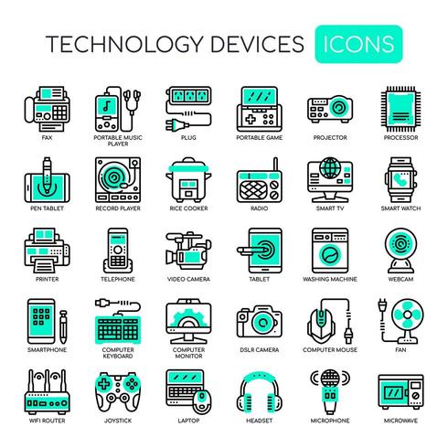 Reihe von Technologie-Geräten dünne Linie und Pixel perfekte Symbole für jedes Web- und App-Projekt. vektor