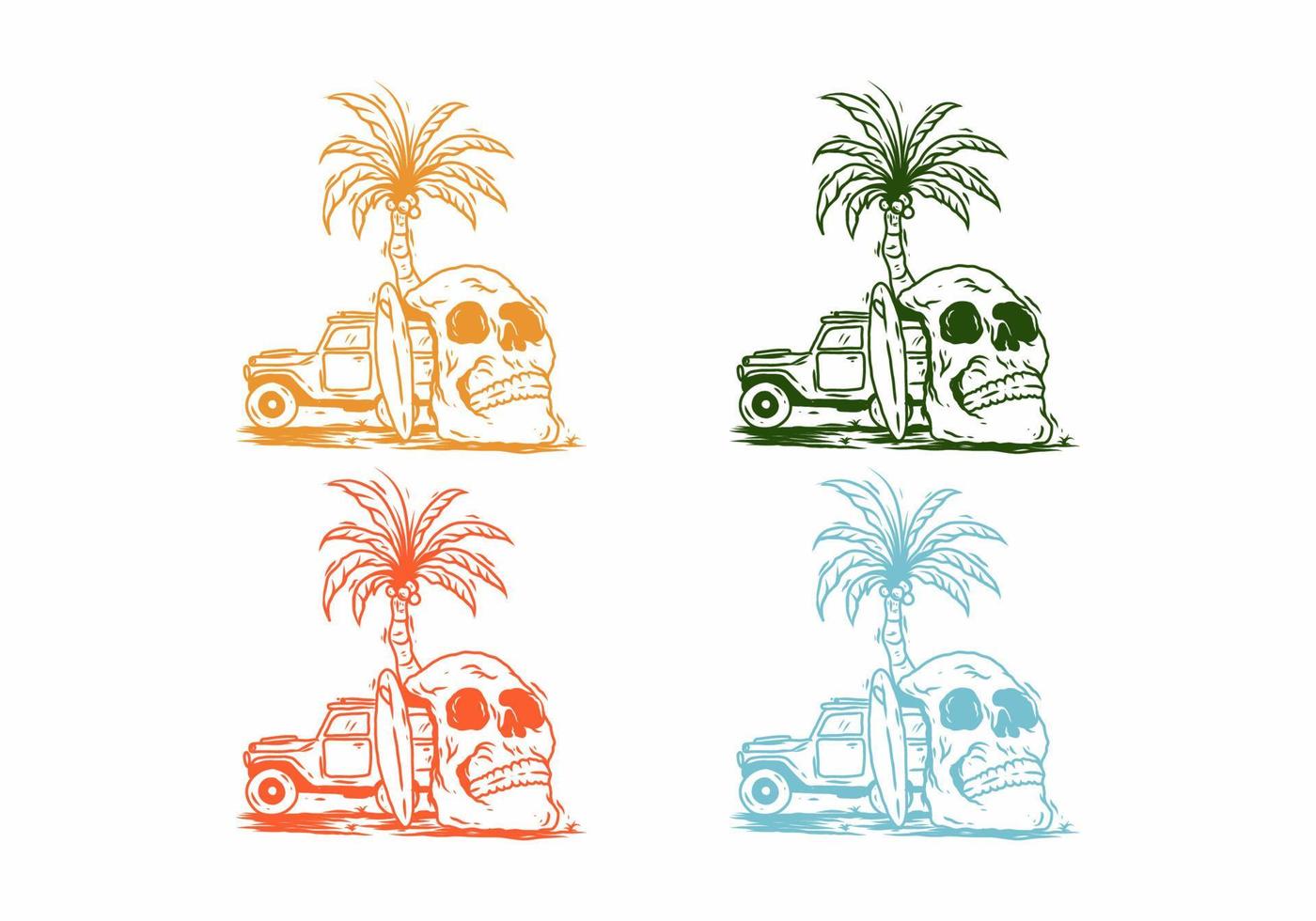 fyra färgvariationer av skallehuvud och bil med surfbräda vektor