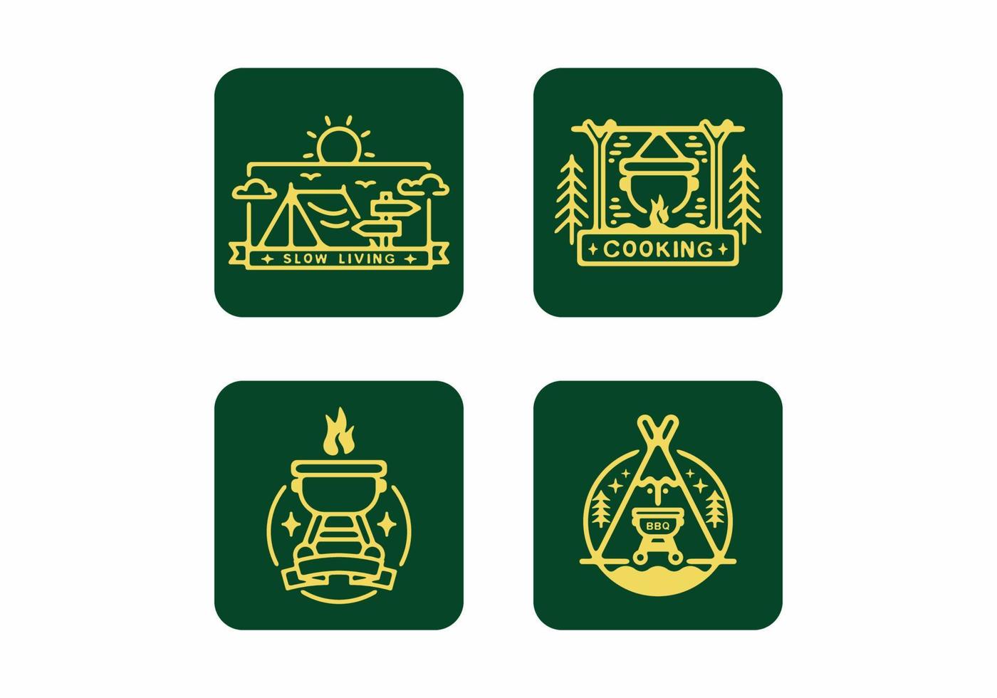 vier grüne Ikone des Camping-Aktivitäts-Sammelsets vektor