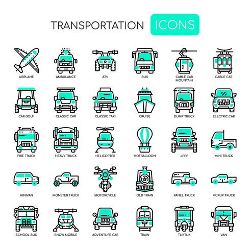 Transport, tunn linje och perfekta ikoner för pixlar vektor