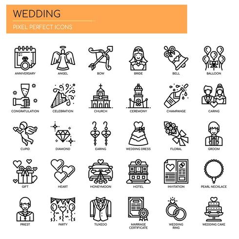 Bröllopsbeståndsdelar, tunn linje och perfekta ikoner för pixlar vektor