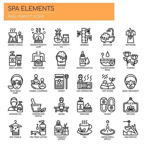 Spa-Elemente dünne Linie und Pixel perfekte Symbole vektor