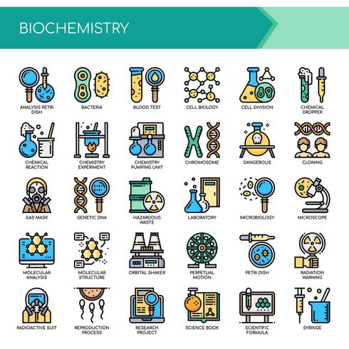 Biokemi-element, tunna linjer och perfekta ikoner för pixlar vektor