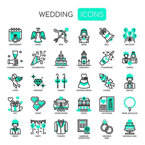 Hochzeitselemente, dünne Linie und Pixel perfekte Symbole vektor