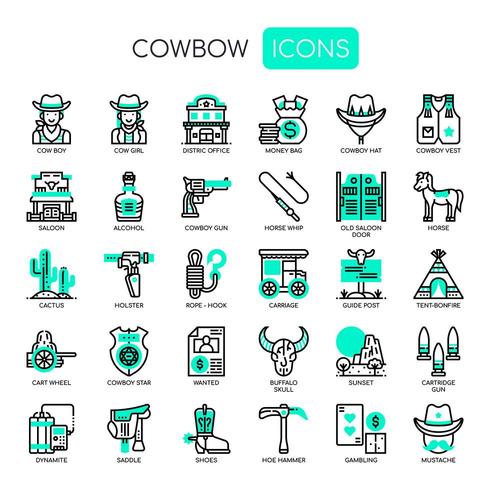 Cowboy-Elemente, dünne Linie und Pixel perfekte Symbole vektor