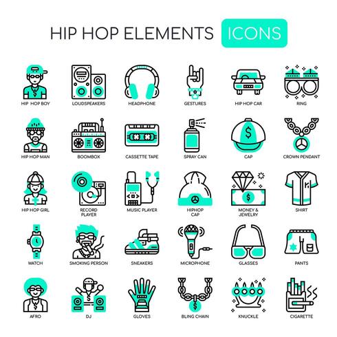 Hip Hop-Elemente, dünne Linie und Pixel perfekte Symbole vektor