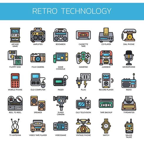 Retro teknik, tunn linje och perfekta ikoner för pixlar vektor