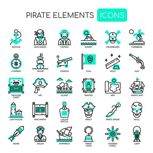 Piratelement, tunna linjer och perfekta ikoner för pixlar vektor