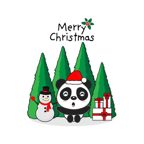 Gratulationskort för god jul. Panda och presentask. vektor