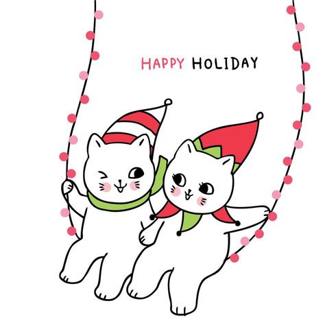 Cartoon süße Weihnachten paar Katzen schwingen Licht vektor