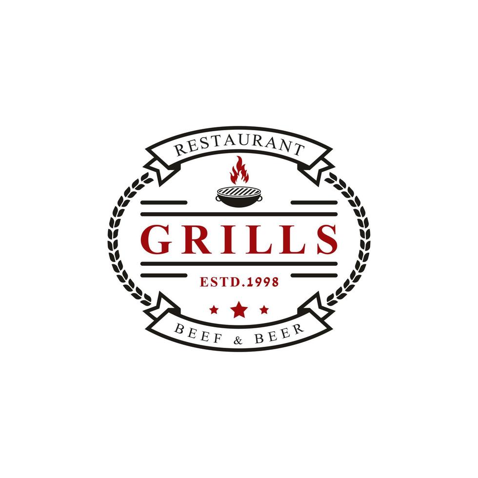 Vintage Retro Abzeichen Grill Restaurant Design Logo Label Feuer Flamme Logo Vektor Design Inspiration