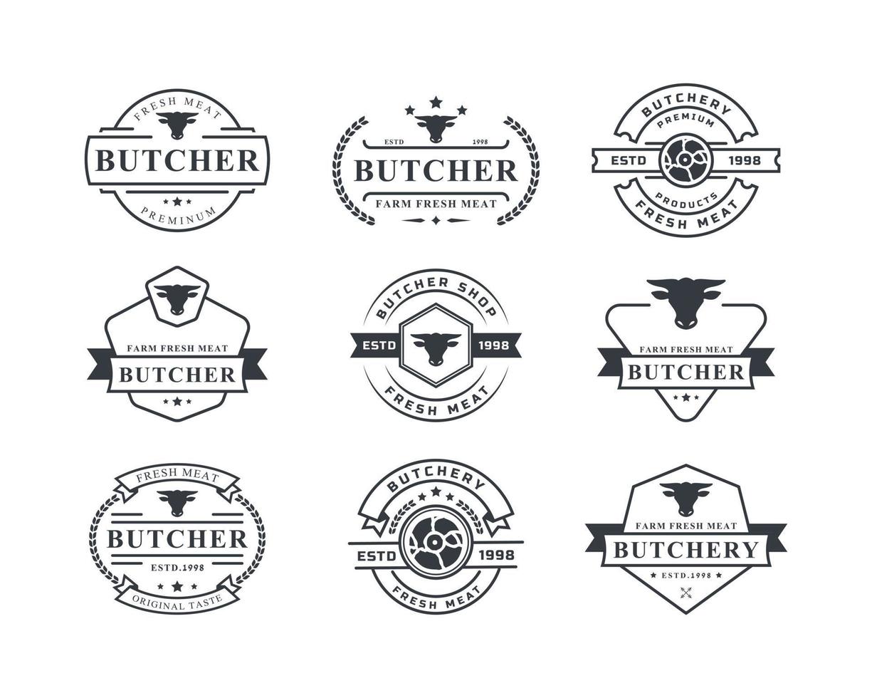satz von vintage retro metzgerei vektorillustration gut für farm- oder restaurantabzeichen mit tieren und fleisch silhouetten typografie embleme logo design vektor