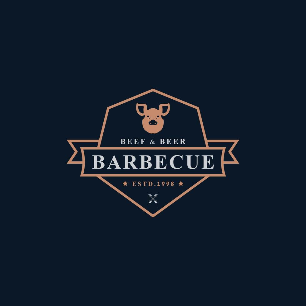 vintage retro badge grill restaurang grill steak house meny emblem och mat silhuetter typografi logotyp design vektor