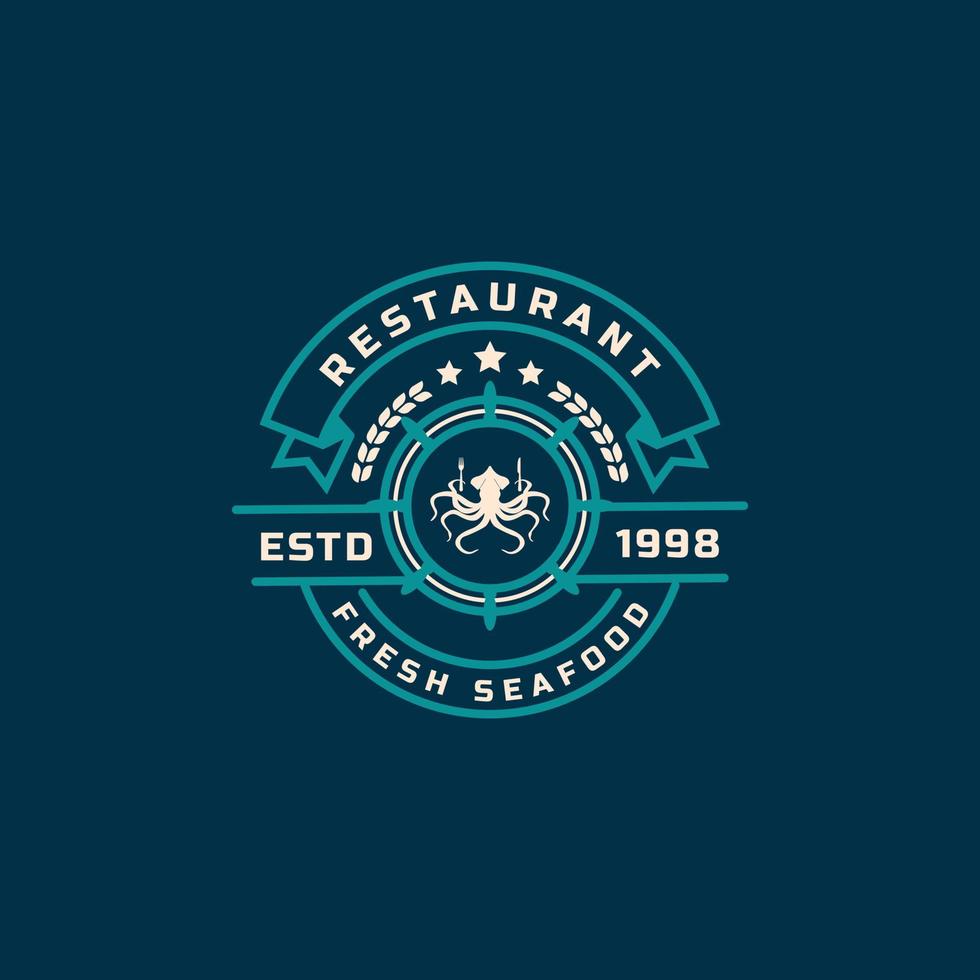 vintage retro badge skaldjur fiskmarknad och restaurang emblem mall silhuetter typografi logotyp design vektor