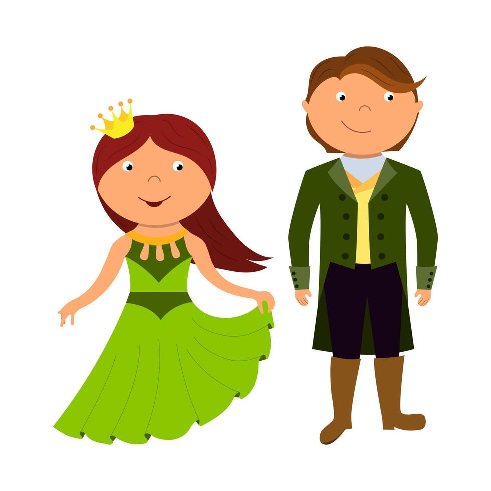 eine schöne Märchenprinzessin und ein Prinz in einer Krone und einem Kostüm. kinderillustration zum ausdrucken und aufkleber. vektor