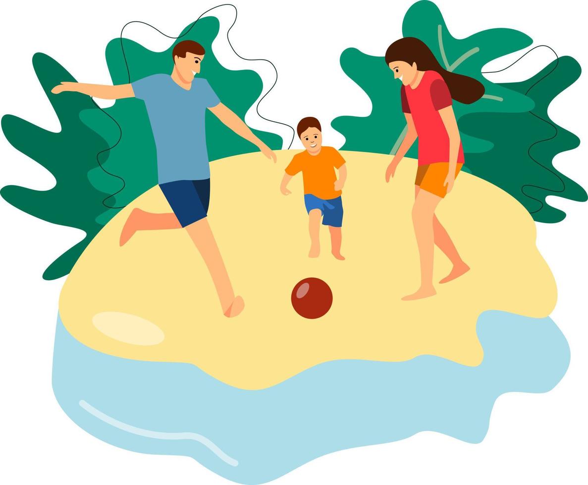 eltern spielen mit ihrem sohn am strand fußball. das Konzept einer freundlichen Familie. glücklicher Familientag. vektor