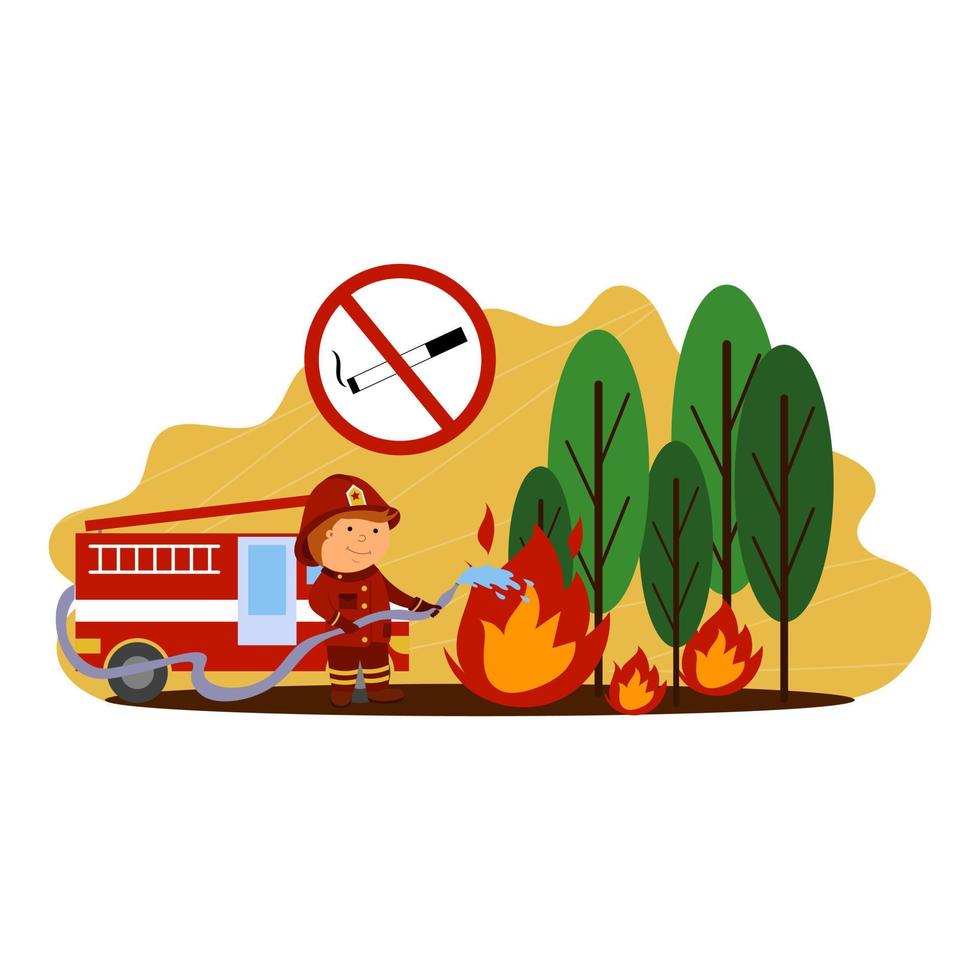 Illustration eines Feuerwehrmannes, der einen Waldbrand löscht, vektor
