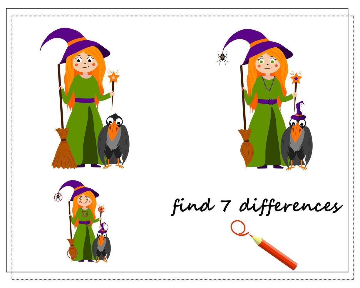 Spiel für Kinder finde den Unterschied, Cartoon-Hexe mit einem Besen und einem Zauberstab, vektor