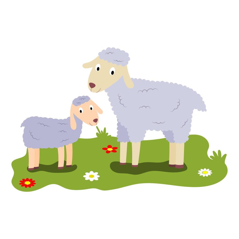 niedliche karikaturillustration von mutter und kindern, bauernhoftierschafen und kalb. vektor