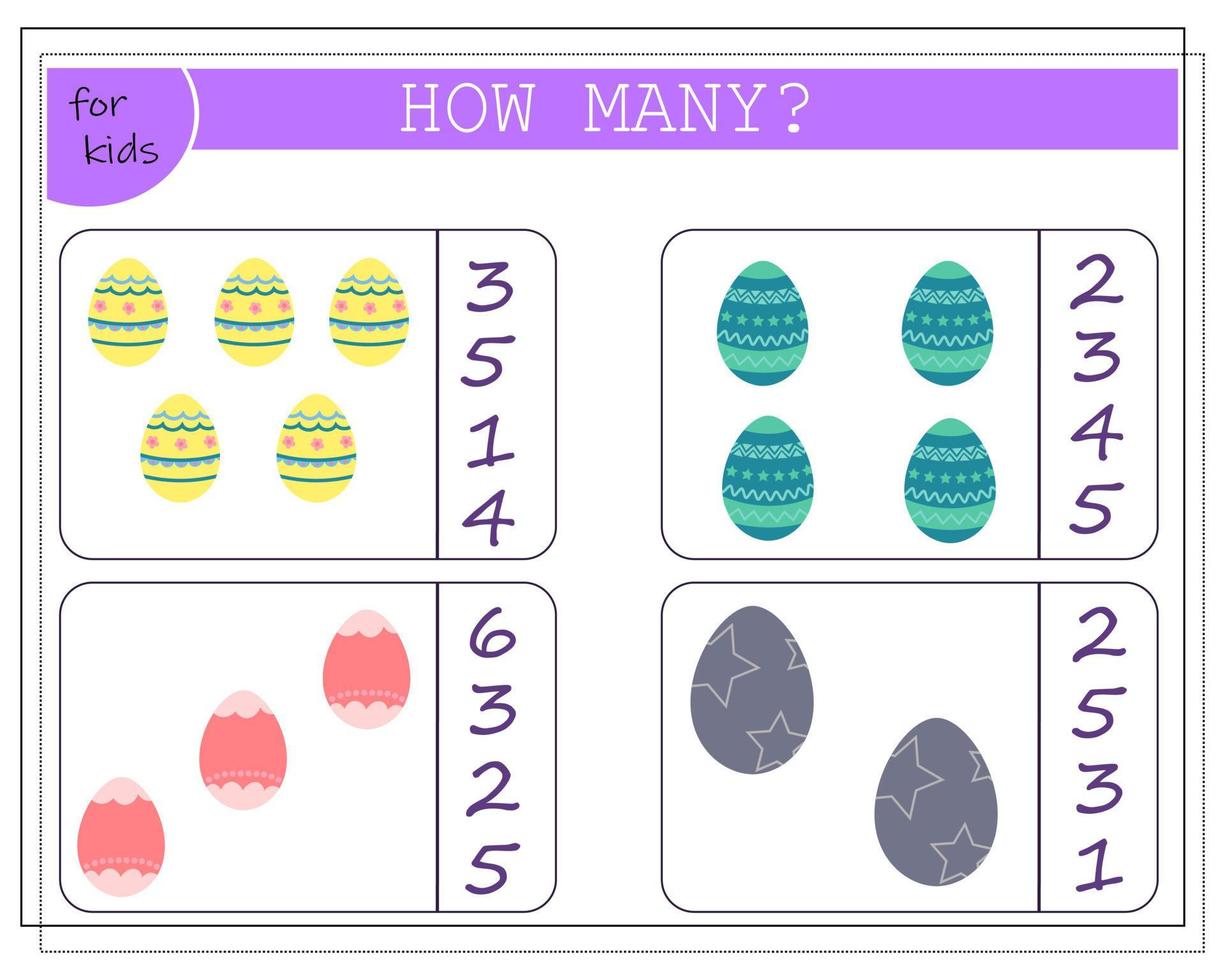 Mathespiel für Kinder Zähle wie viele Ostereier. vektor