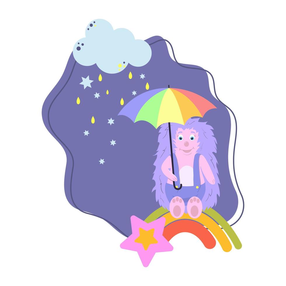 en söt tecknad igelkott sitter på en stjärna med ett paraply vektor