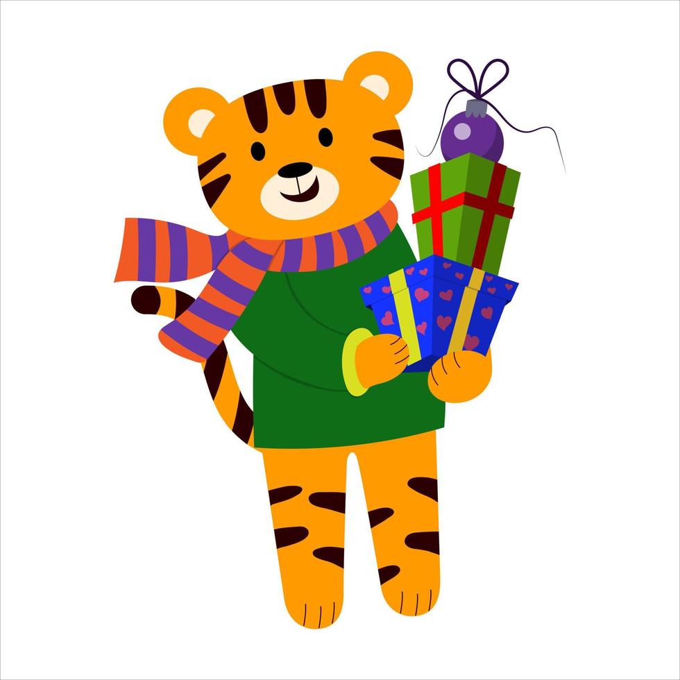karikaturillustration für kinder. Der Tiger trägt Kisten mit Geschenken vektor