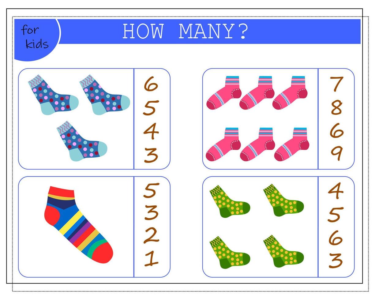Mathe-Spiel für Kinder. zählen, wie viele es sind. Mehrfarbige Socken mit einem anderen Muster vektor