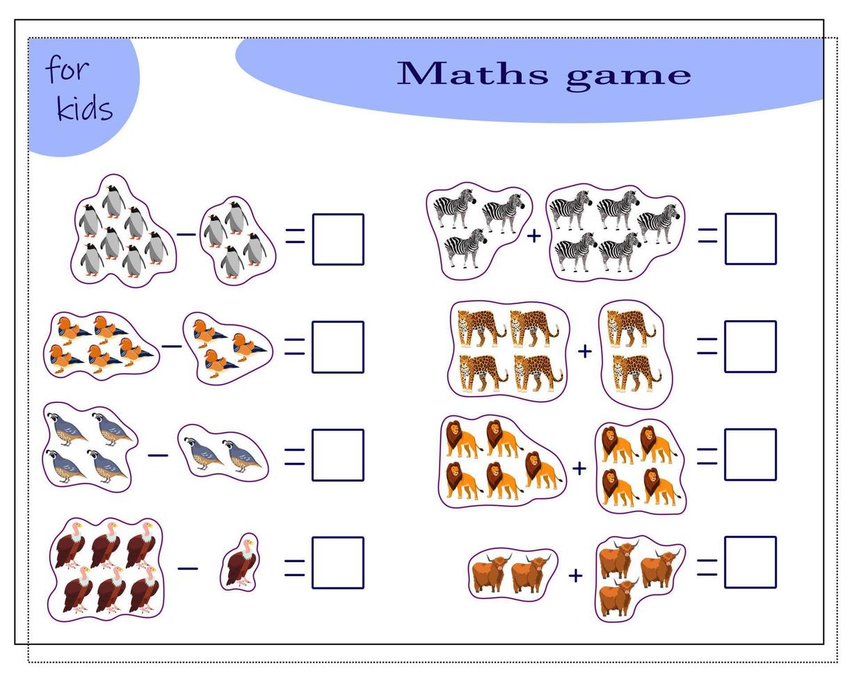 matematikspel för barn med additions- och subtraktionsuppgifter. räkna hur många djur vektor