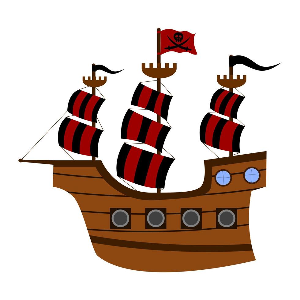 Piratenschiff mit Segeln und Piratenflagge, vektor