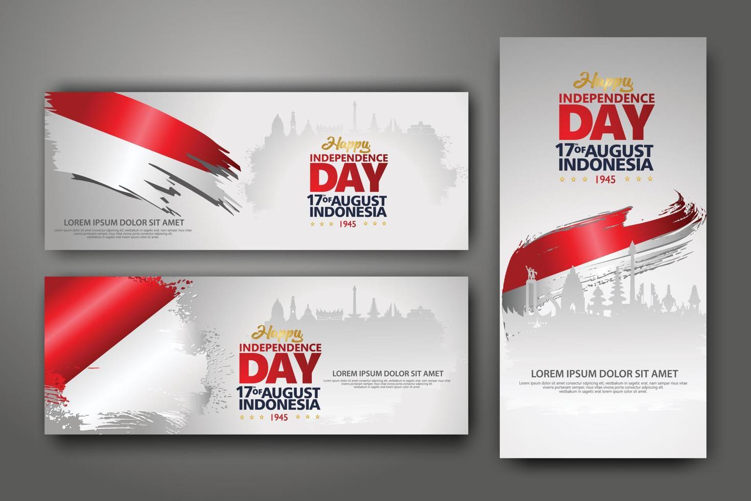 indonesiska självständighetsdagen firande banner set. 17 augusti gratulationshälsning vektorillustration. moderna bakgrunder med indonesisk flagga i grungestil och siluettikon staden Indonesien vektor