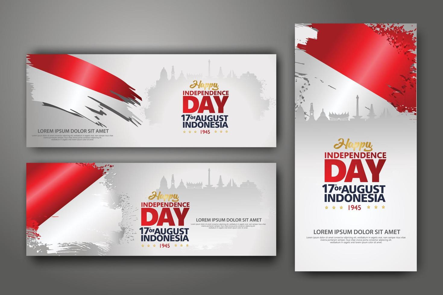 indonesischer unabhängigkeitstag feier banner set. 17. august glückwünsche grußvektorillustration. moderne hintergründe mit indonesischer flagge im grunge-stil und silhouettenikonenstadt von indonesien vektor