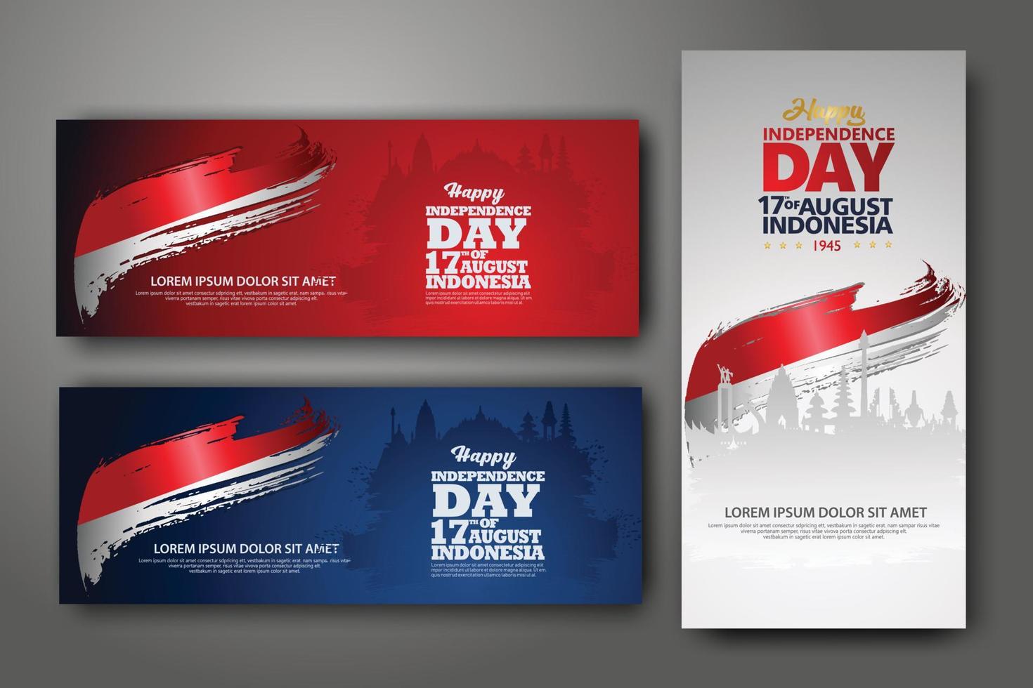 indonesiska självständighetsdagen firande banner set. 17 augusti gratulationshälsning vektorillustration. moderna bakgrunder med indonesisk flagga i grungestil och siluettikon staden Indonesien vektor