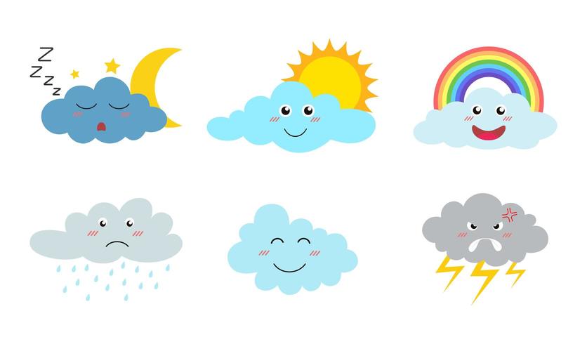 Sammlung Wolkenkarikatur Emojis mit verschiedenen Ausdrücken vektor