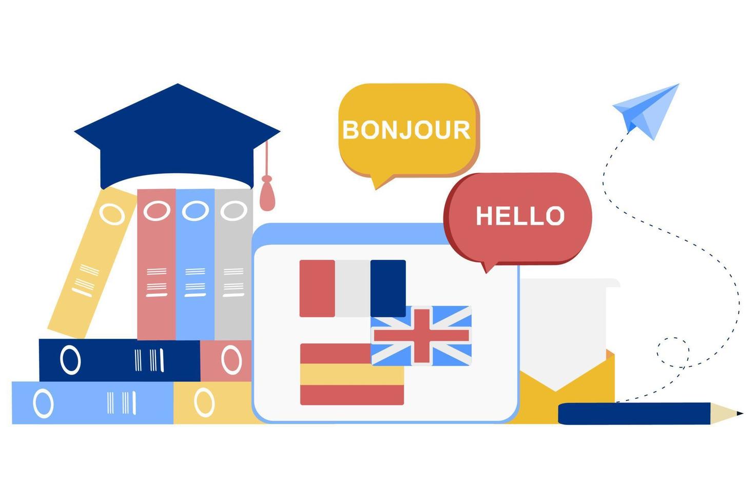 modern 3d online språkinlärningsklass, språkkurser banner mall för webbplats och mobil app utveckling. bokstavlig översättning, språkassistent, e-lärande koncept. vektor illustration.