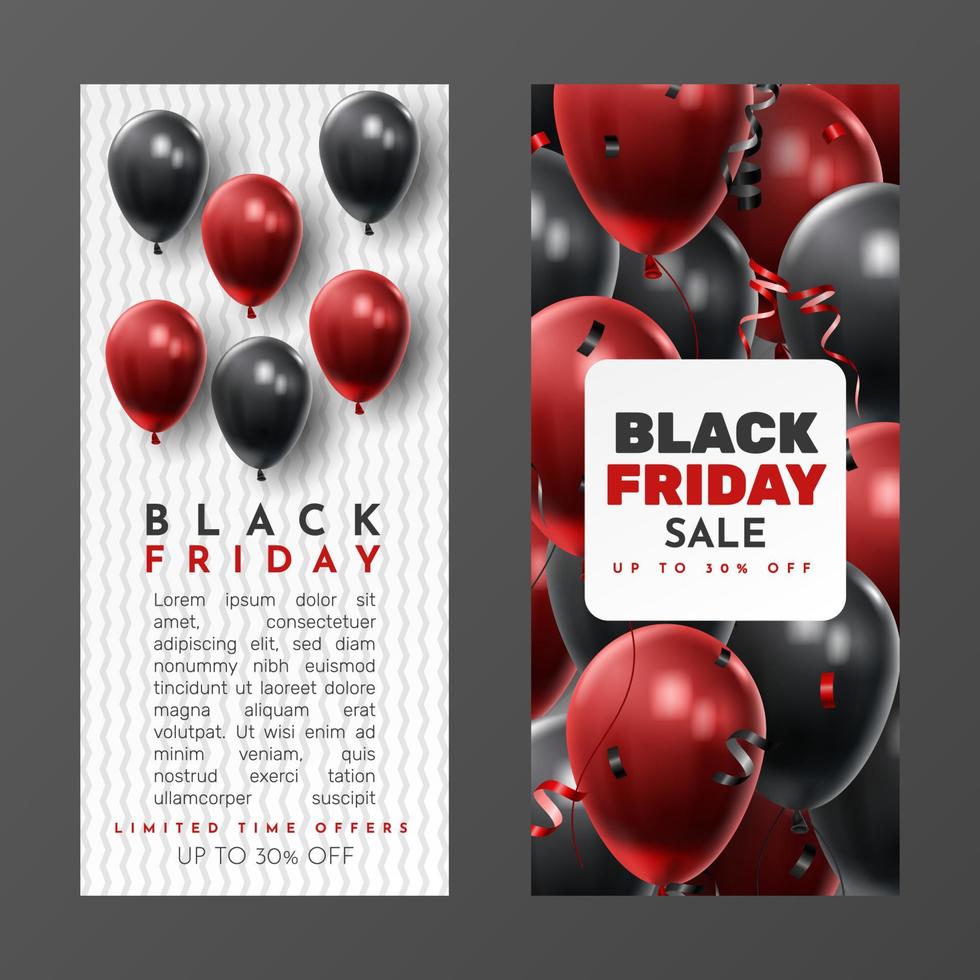 svart fredag rea affisch med glänsande ballonger på svart och vit bakgrund. universell vektor bakgrund för affisch, banderoller, flygblad, kort. vektor illustration