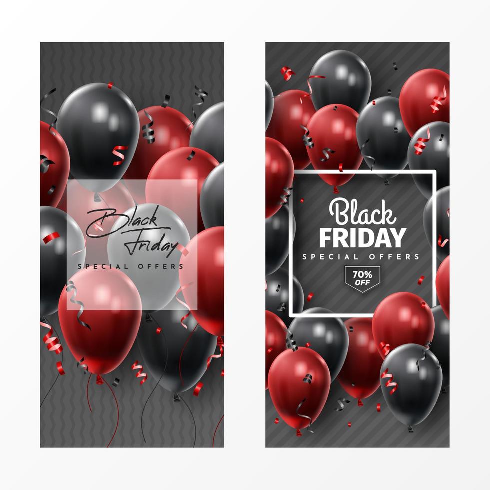 schwarzes freitag-verkaufsplakat mit glänzenden luftballons auf schwarz-weißem hintergrund. universeller Vektorhintergrund für Poster, Banner, Flyer, Karten. Vektor-Illustration vektor