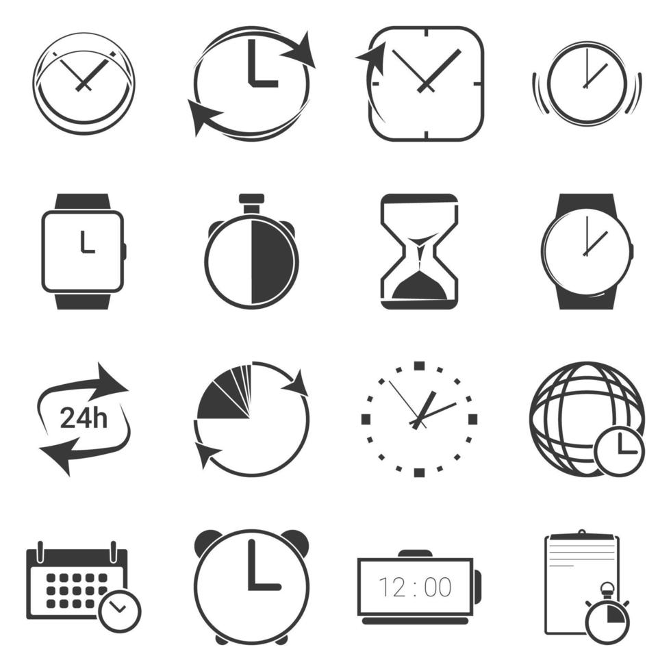Zeit- und Uhrsymbole auf weißem Hintergrund vektor