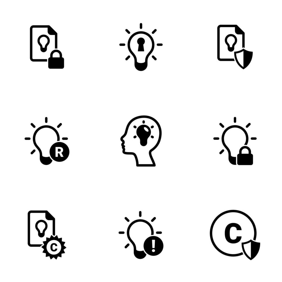 uppsättning enkla ikoner på ett tema immateriella rättigheter, vektor, design, samling, platt, tecken, symbol, element, objekt, illustration, isolerade. vit bakgrund vektor