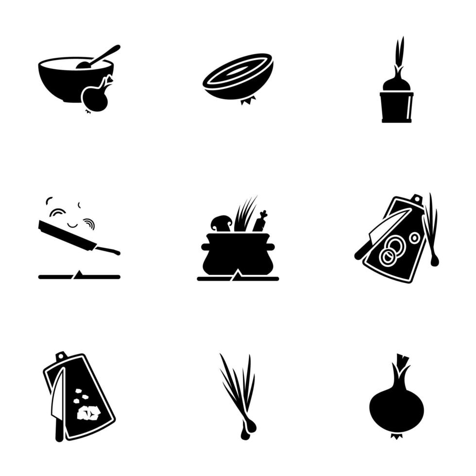uppsättning enkla ikoner på ett tema lök, matlagning, vektor, design, samling, platt, tecken, symbol, element, objekt, illustration, isolerade. vit bakgrund vektor