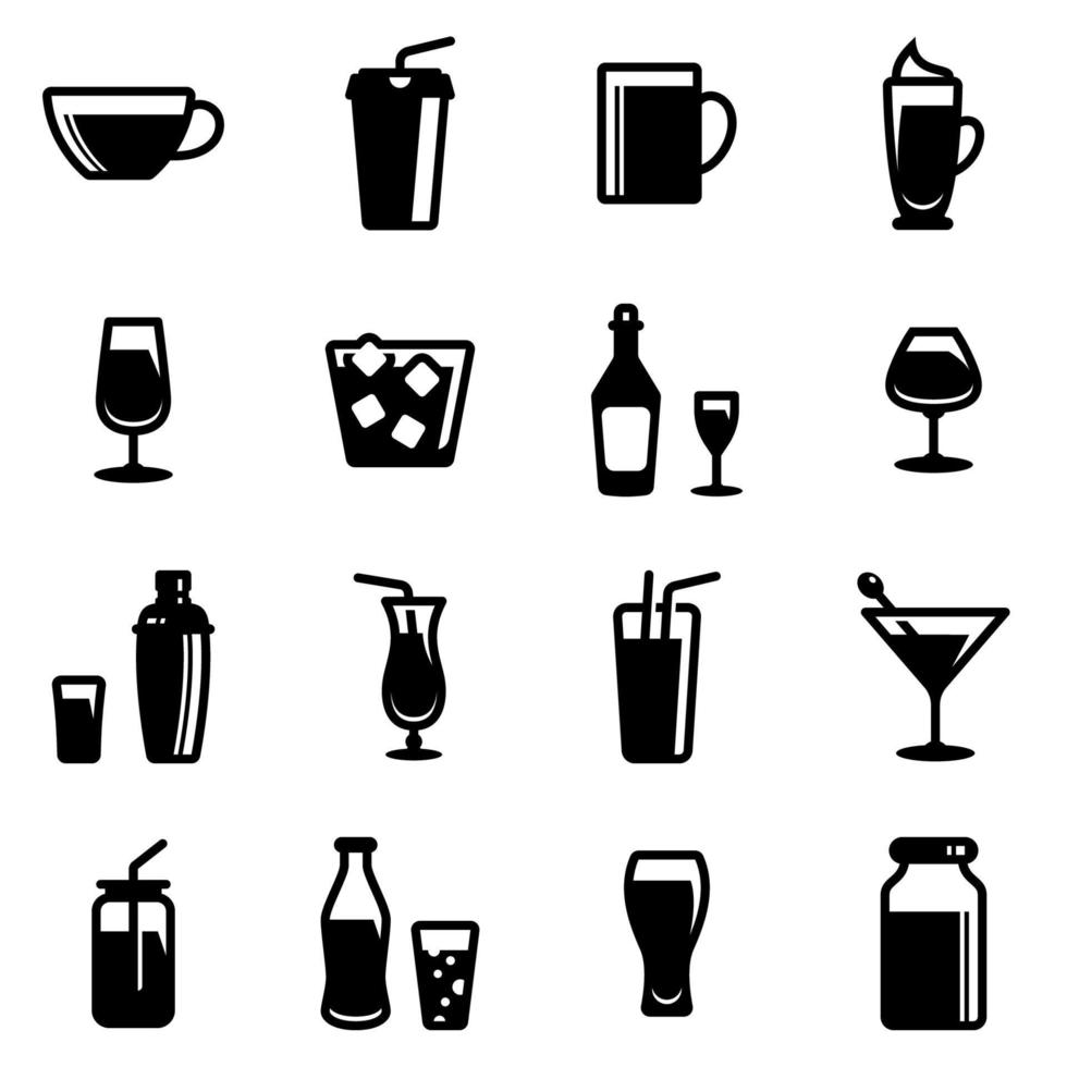uppsättning enkla ikoner på en temarestaurang, alkohol, glas, rätter, drycker, bar, kall, varm, stark, vektor, set. svarta ikoner isolerade mot vit bakgrund vektor